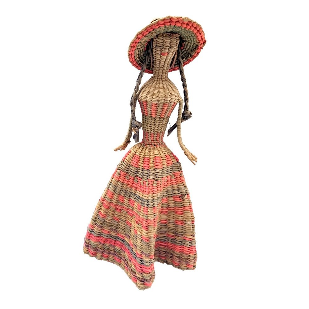 Vintage Basketry Fine Straw Doll 8" Tall Lady in dress and hat